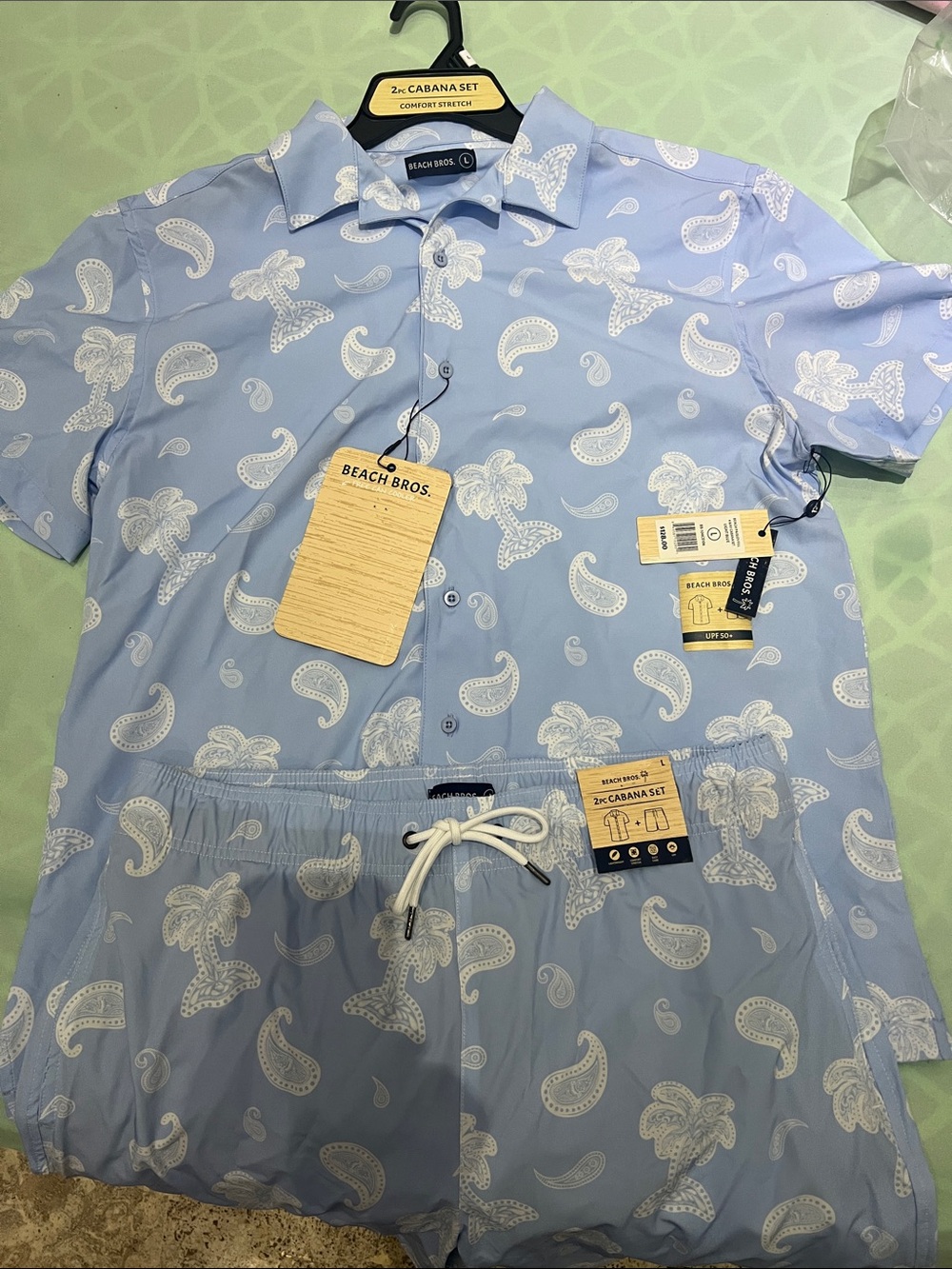 Beach BrosMen’s Light Blue Short Sleeve Camp 2 pieces cabana set- Paisley Palm,